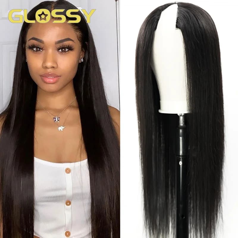 Perruque droite en V U pour femme, cheveux humains, sans laisser de côté, partie fine, densité 250, 