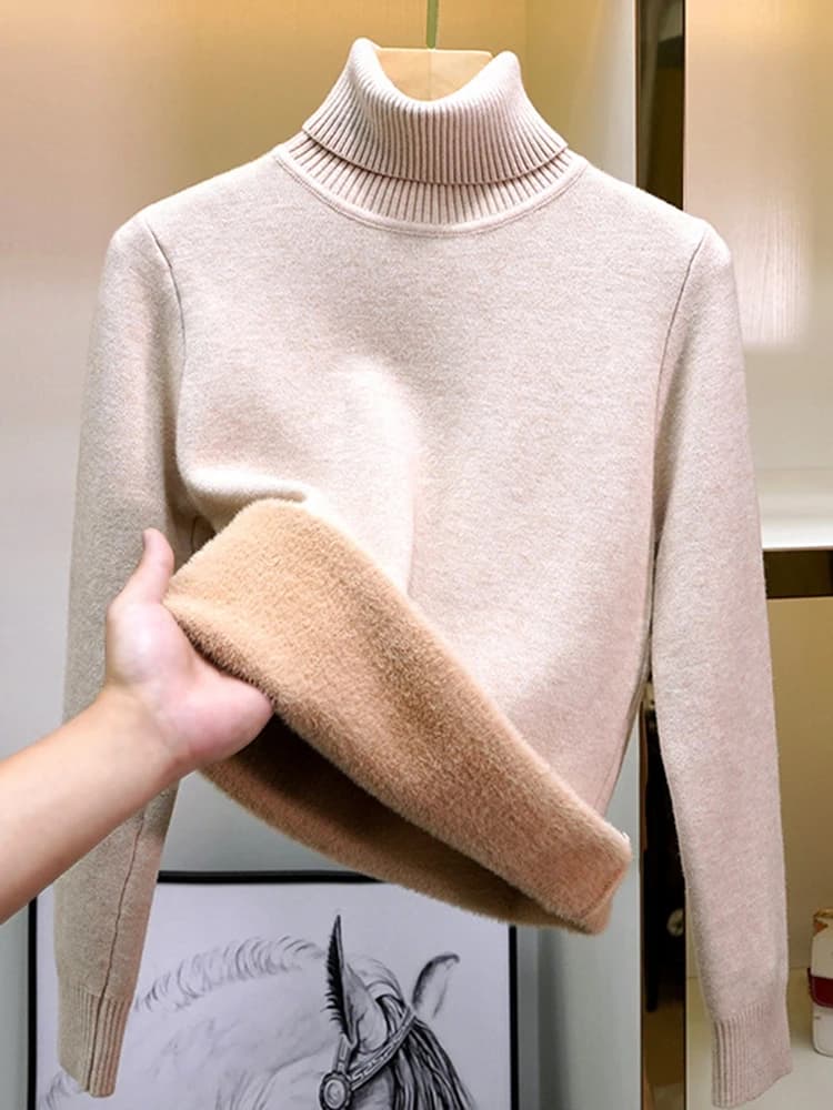 Pull pour femmes hiver épaissir col roulé mince tricot pull nouveau chaud en peluche velours doublé 