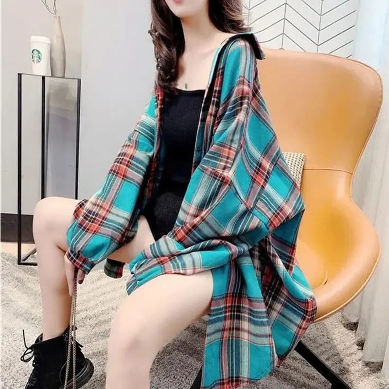Tunique à manches longues pour femmes, chemises à carreaux, décontracté, 3XL, adt, vintage, Harajuku