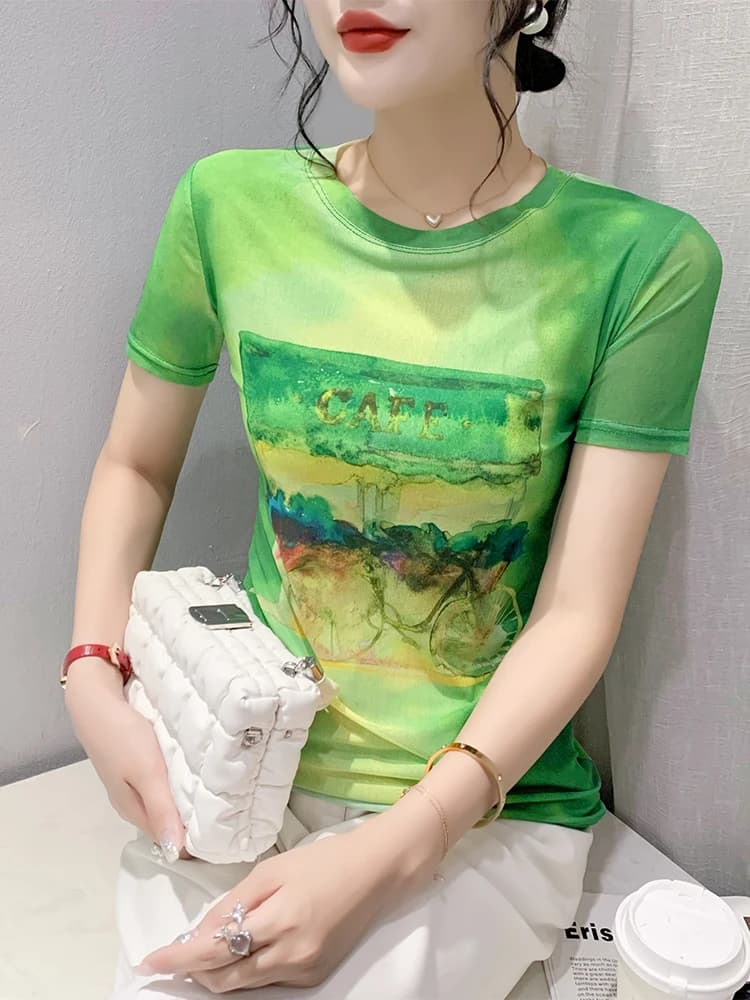 2023 été vert maille T-Shirts fille mode situé impression O cou à manches courtes t-shirt dame haute