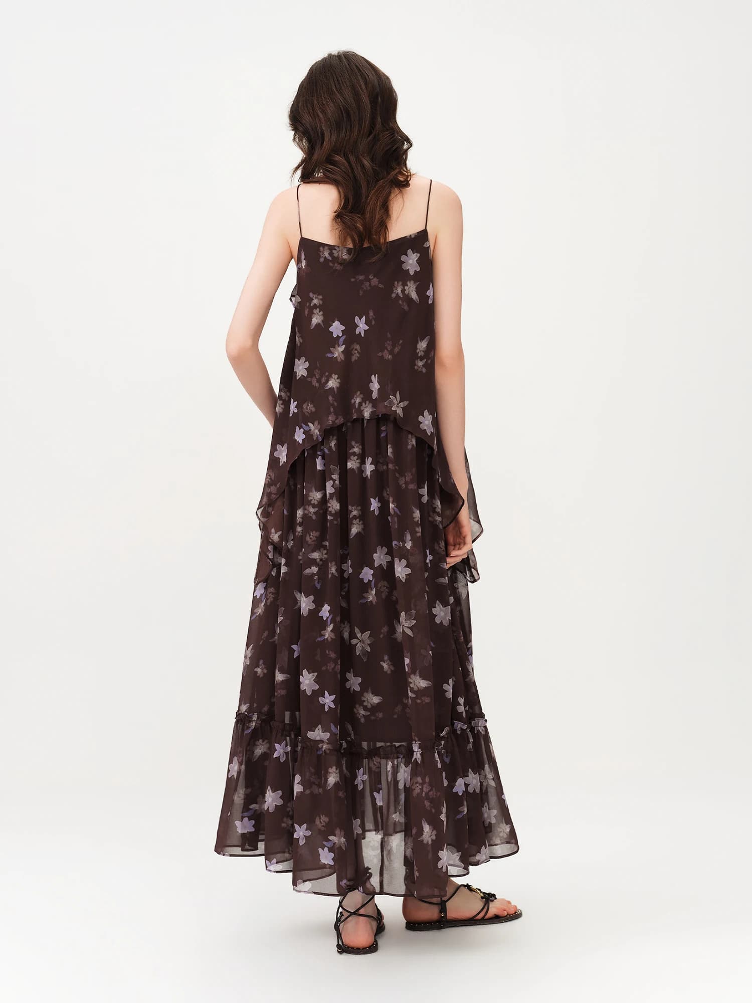 Robe longue à volants style halter FSLE, imprimé floral café et violet, nouvelle collection Printemp