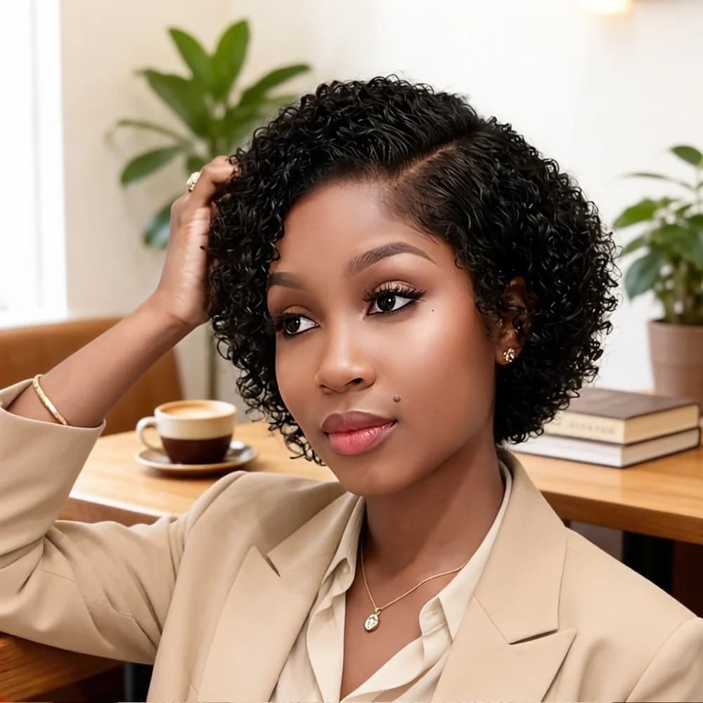 Perruque élégante en cheveux humains Remy, coupe pixie ondulée bouclée, avec dentelle frontale 13x4x