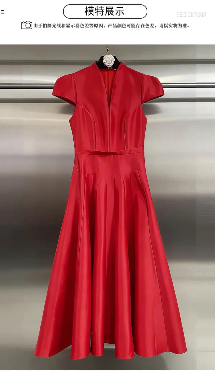 Hepburn Style élégant automne longue robe femmes col en v solide à manches courtes été Midi robes fo