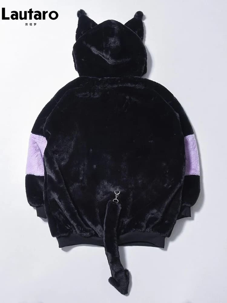 Lautaro automne hiver surdimensionné couleur bloc fausse fourrure manteau femmes Harajuku Kawaii dou