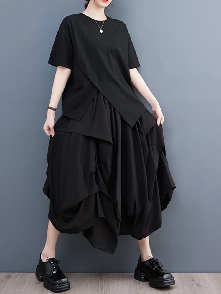 Pantalon à jambes larges drapé pour femme, taille haute élastique, noir, vintage, décontracté, poche