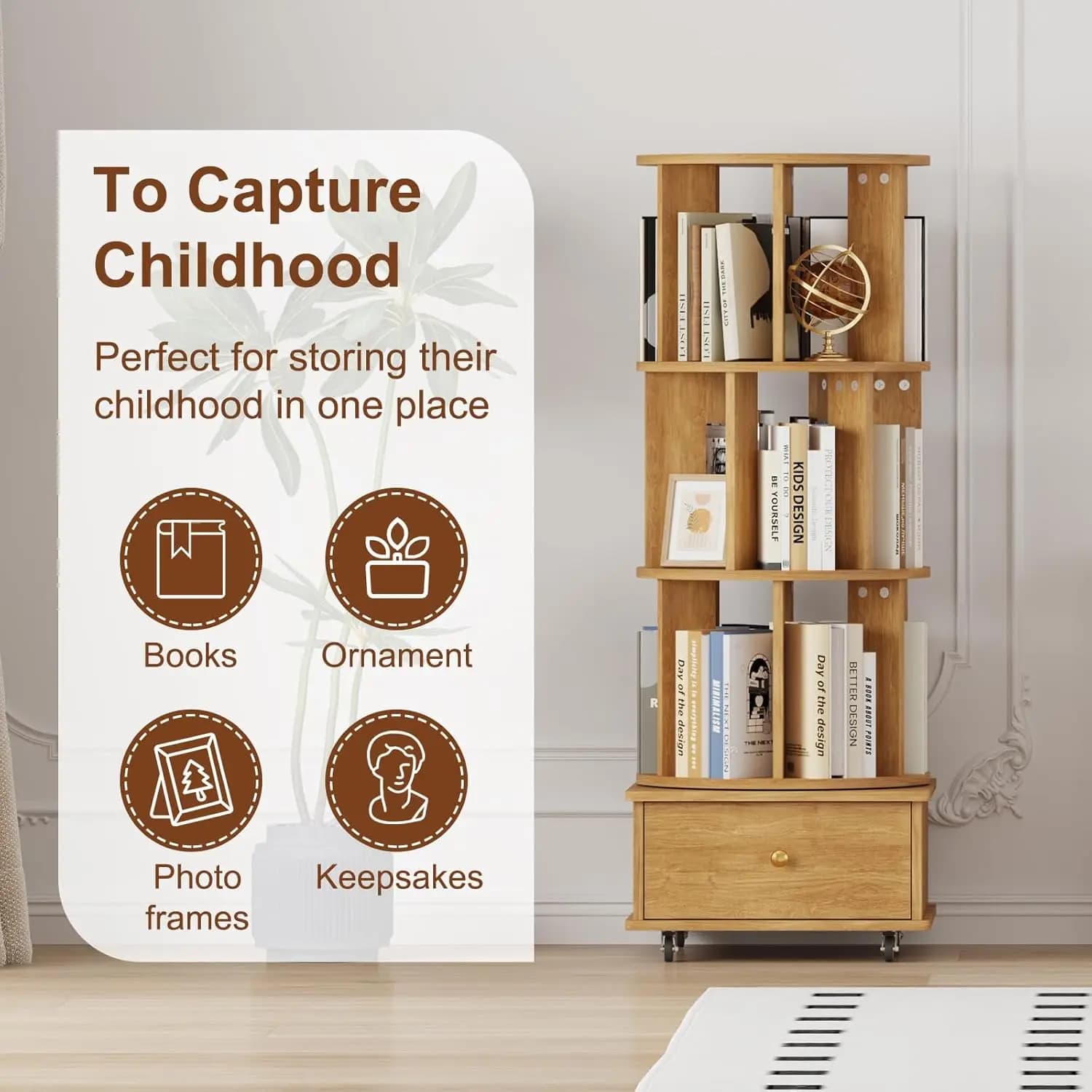 Étagère rotative à 3 niveaux avec tiroirs et roulettes, bibliothèque d'angle 360°, tour de rangement