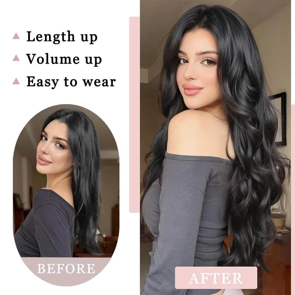 Extension de cheveux synthétiques longs et bouclés de 20 pouces, 4 clips en forme de V, postiche bru