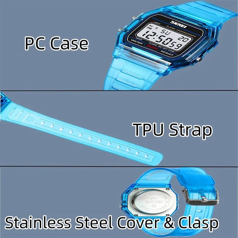 Skmei-Montres numériques étanches pour femmes, boîtier transparent, bracelet en TPU, LED, montre-bra