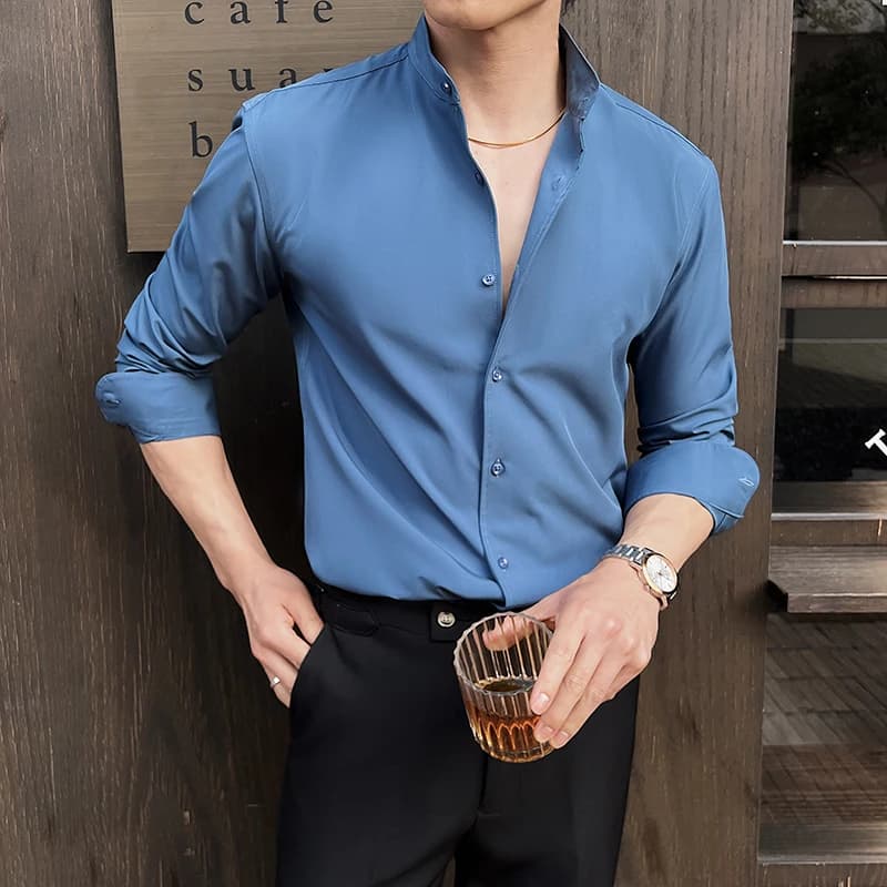 Chemise à col montant pour hommes, nouveau Style chinois, haut de gamme, manches longues, élastique,