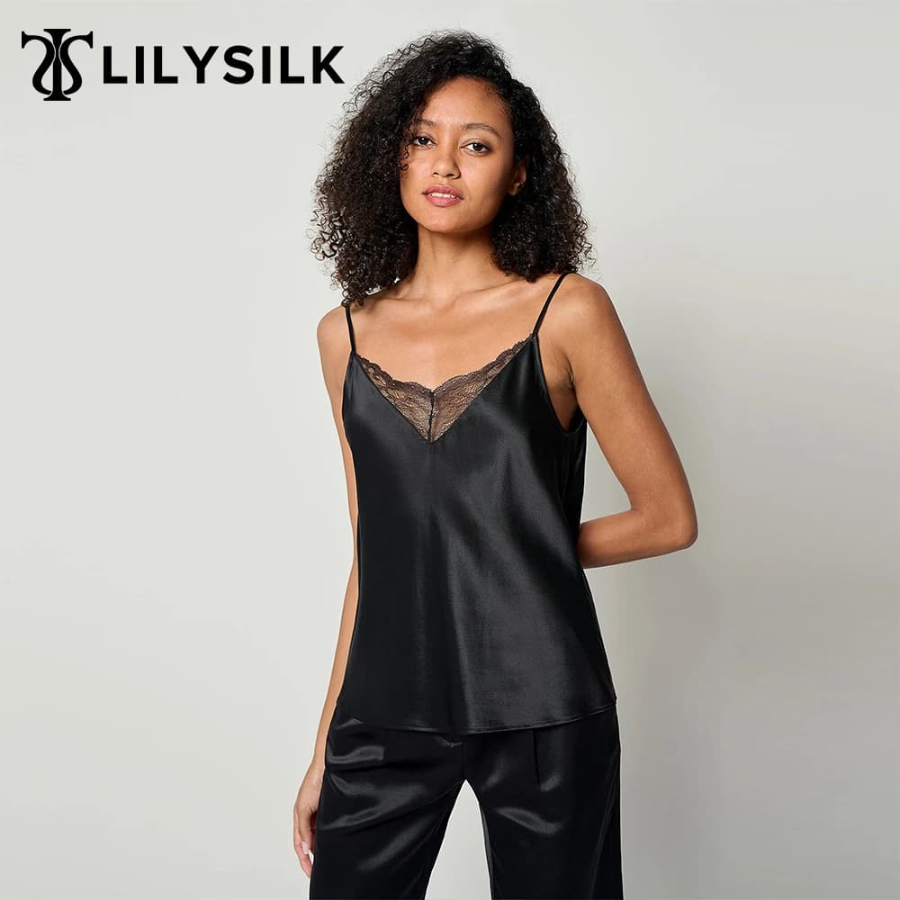 LILYSILK Camisole 2 en 1 en soie pour femme MIM Vest Top avec col en V en dentelle et fines bretelle