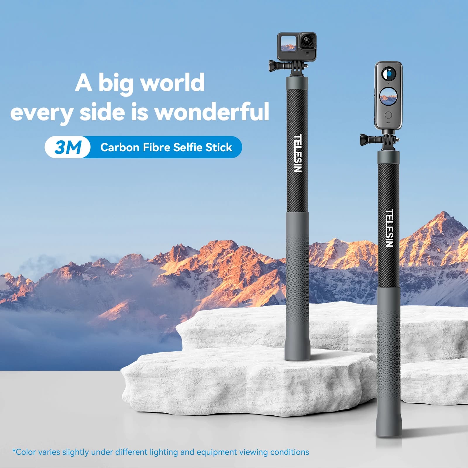 TELESIN-Perche à selfie monopode en fibre de carbone, longueur réglable, extensible avec vis 1.2, 3m