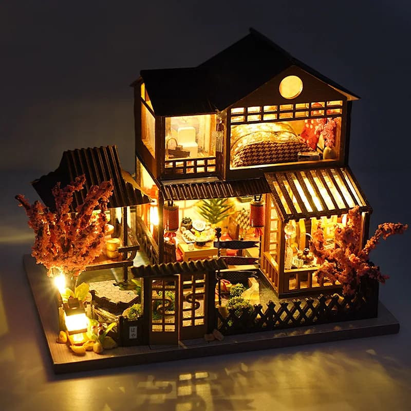 Modèle de maison miniature en bois cerisier vintage japonais à assembler soi-même avec lumière LED, 