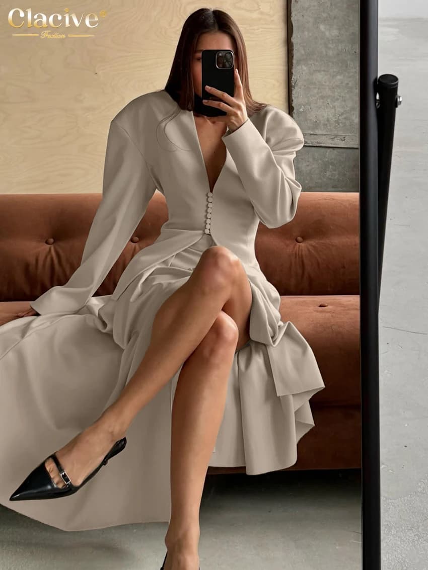 Clacive mode ample kaki bureau femmes deux pièces ensemble 2025 élégant chemise à manches longues av