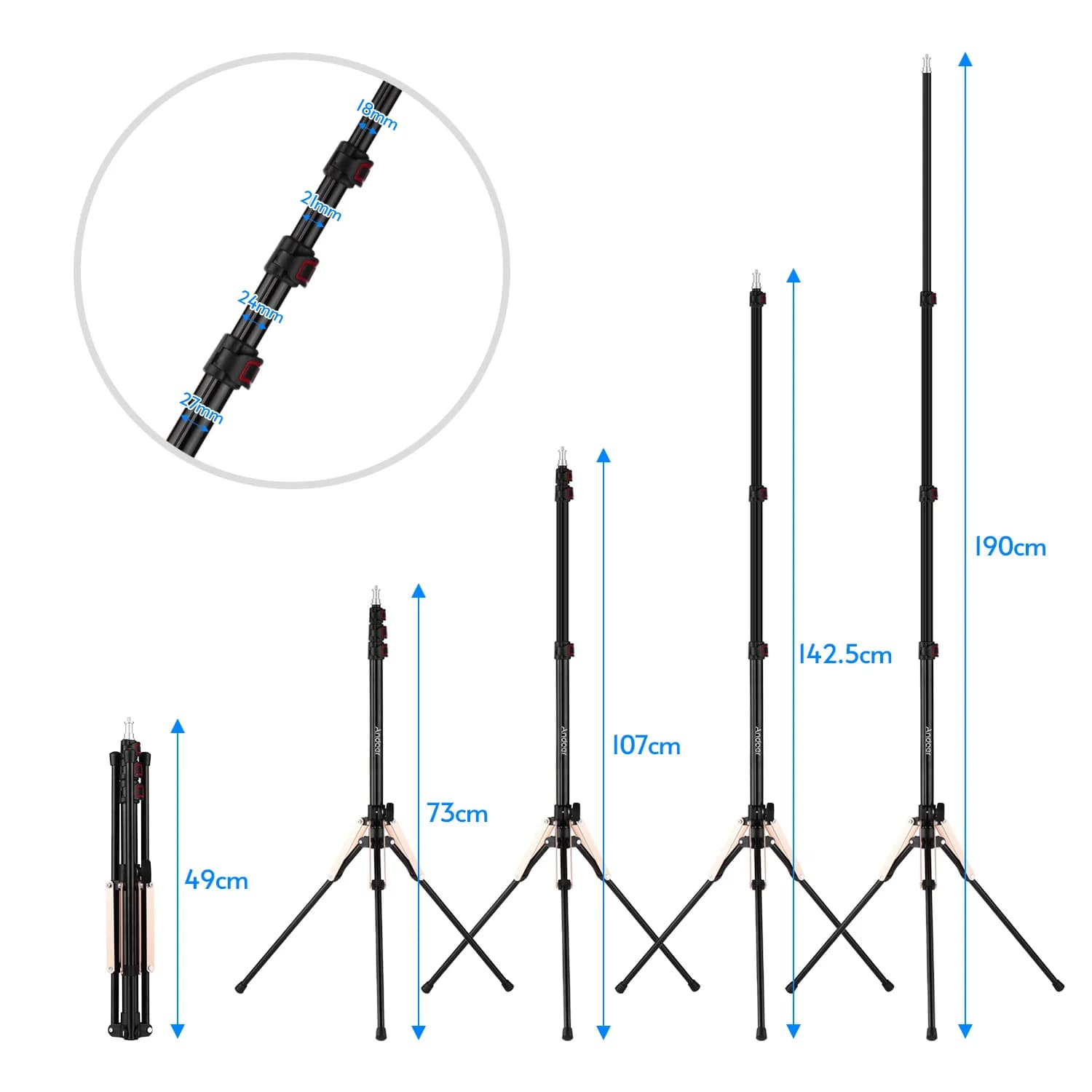 Andoer 190 cm/74.8 pouces Portable en alliage d'aluminium photographie support de lumière inversé pl