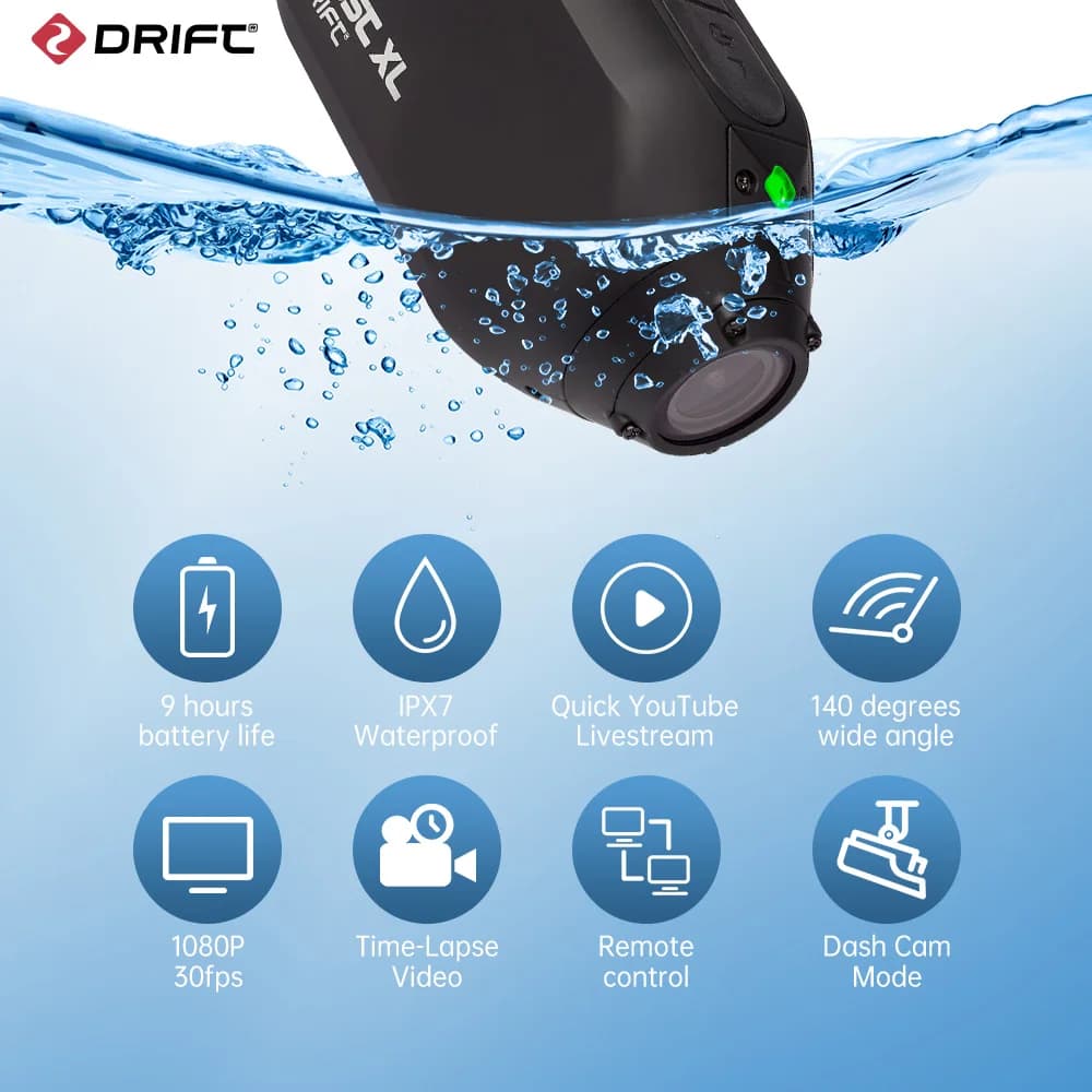 Drift Innovation-Caméra d'action mesurost XL, vidéo Full HD 1080 avec objectif rotatif, mode Dash Ca