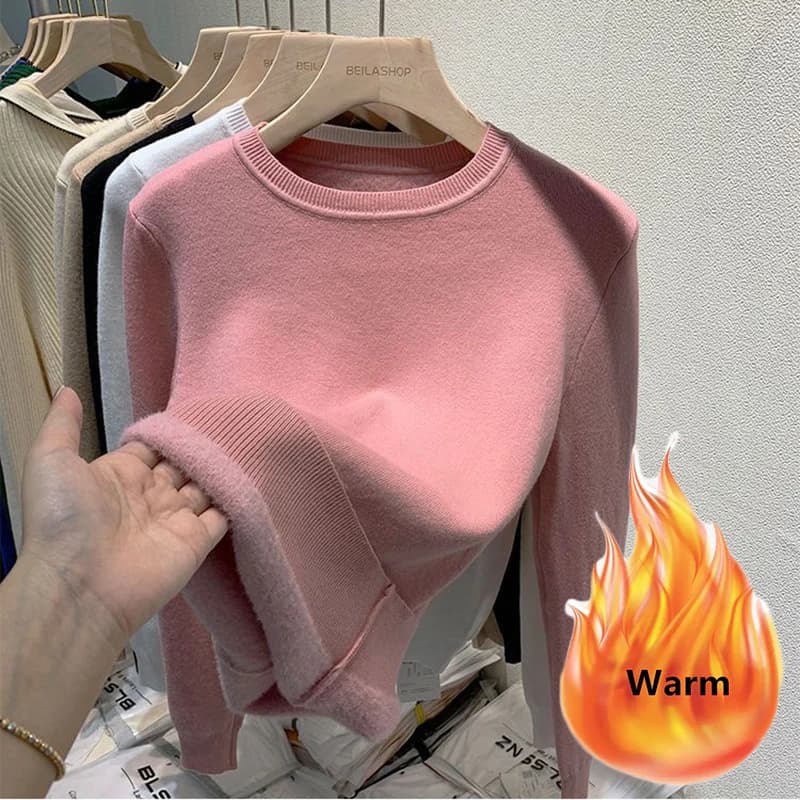 Pull épais en velours pour femme, col rond, Slim, chaud, manches longues, tricoté, décontracté, doub