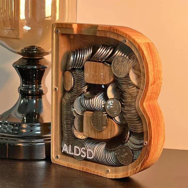 Tirelire anglaise 26 lettres, boîte d'économie d'argent en bois, pot de pièces de monnaie, boîte de 