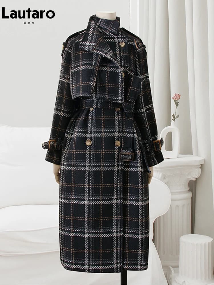 Lautaro-Manteau long en mélange de laine à carreaux chaud pour femme, pardessus en laine à double bo