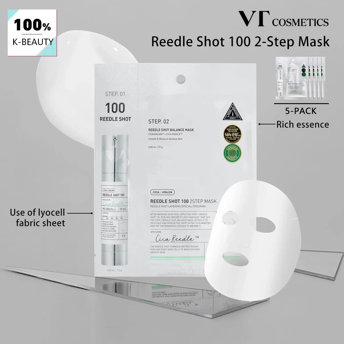 Masque VT Reedle Shot 100 2-Step*5 pièces, Masque de Récupération Intensive, Masque Éclat, Masque Li
