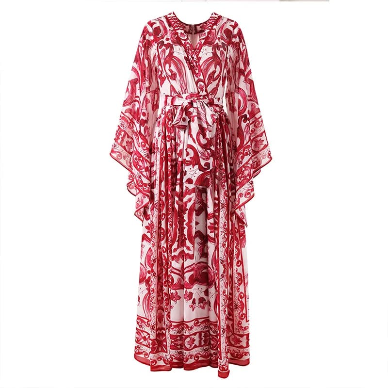 Robe de vacances à imprimé de porcelaine rouge bleu et blanc pour femmes, robe longue d'été, robe bo
