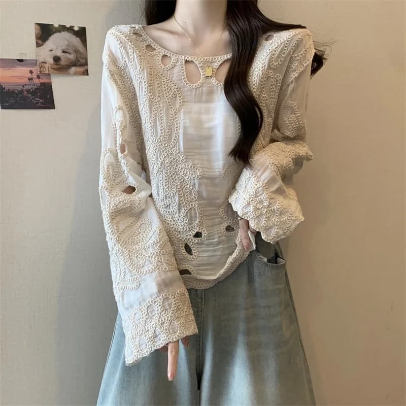 Boring Honey Chemise brodée en dentelle ajourée pour femme - Chemisier élégant à manches longues - B