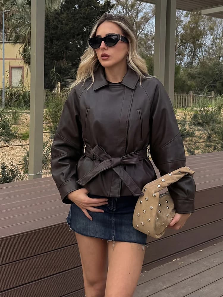 HH Spring Manteau court vintage pour femme en similicuir PU avec ceinture, à manches longues et col 