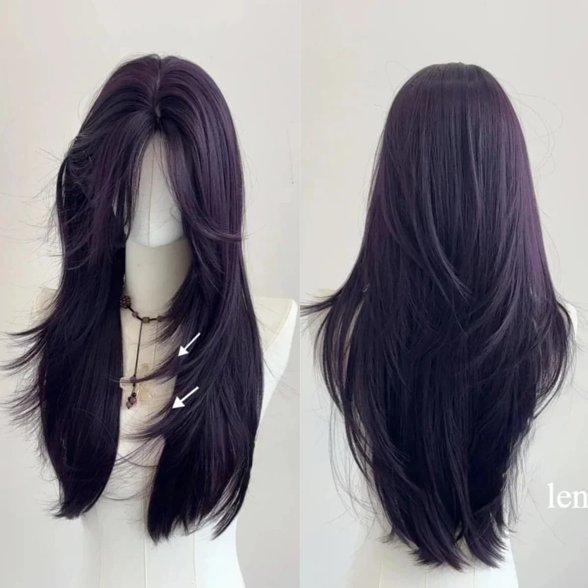 Ashely Perruque violet foncé femme 22 pouces cheveux longs rideau frange couches Nature cheveux raid