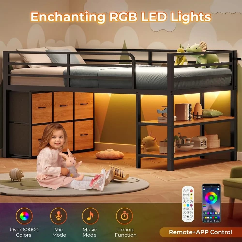ADORNEVE Lit mezzanine bas avec 6 tiroirs de rangement, lit mezzanine double avec lumières LED, lit 