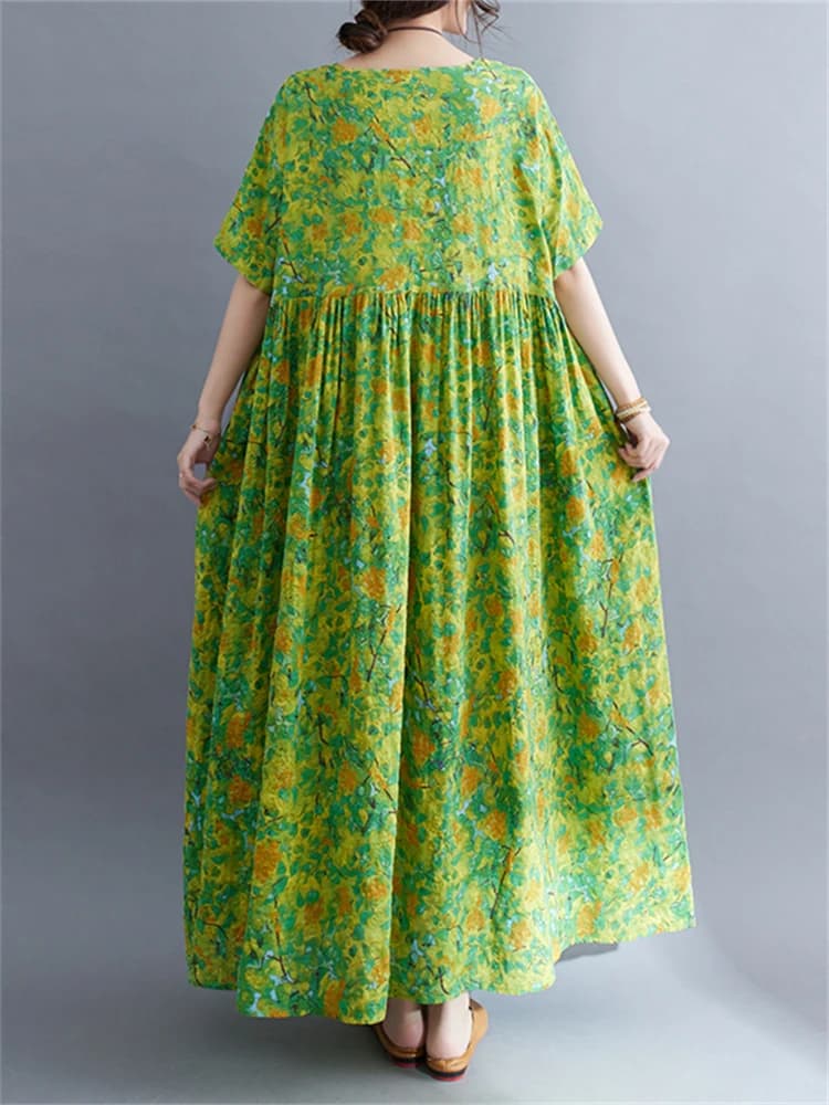Robe longue décontractée en coton à manches courtes imprimé vert style vintage pour femme 2026 – Ten
