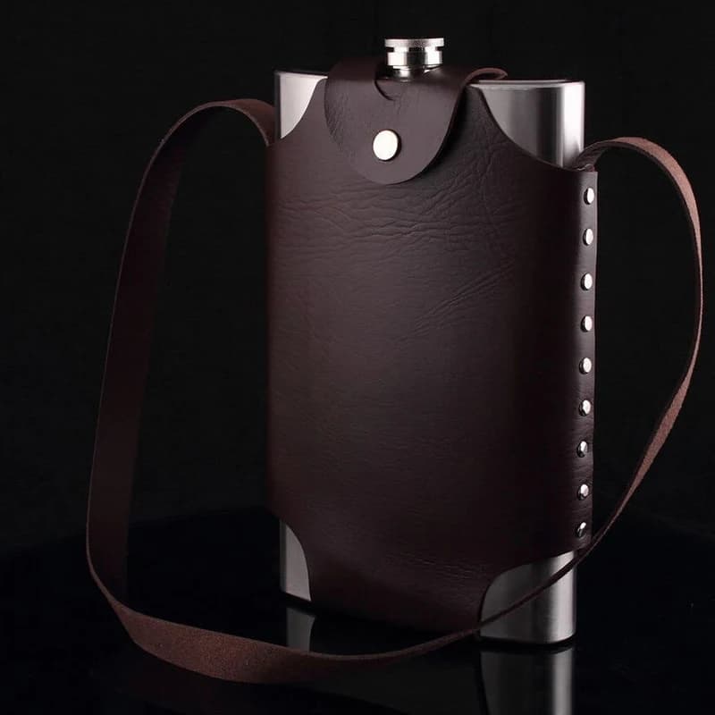 Flacon de hanche Portable en acier inoxydable de 64oz, Pot de vin de whisky, couvercle en cuir, bout