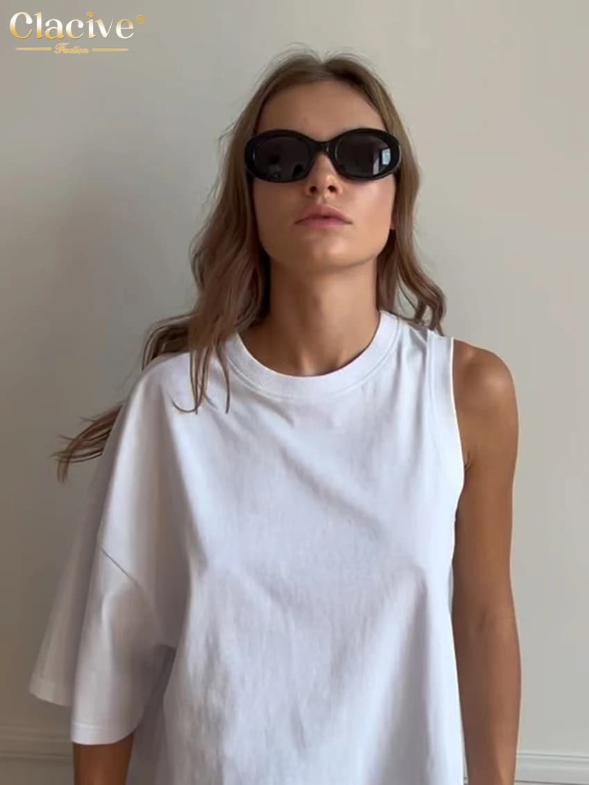 T-shirt manches courtes col rond femme, élégant, Chic, asymétrique, blanc, ample, à la mode, été, 20