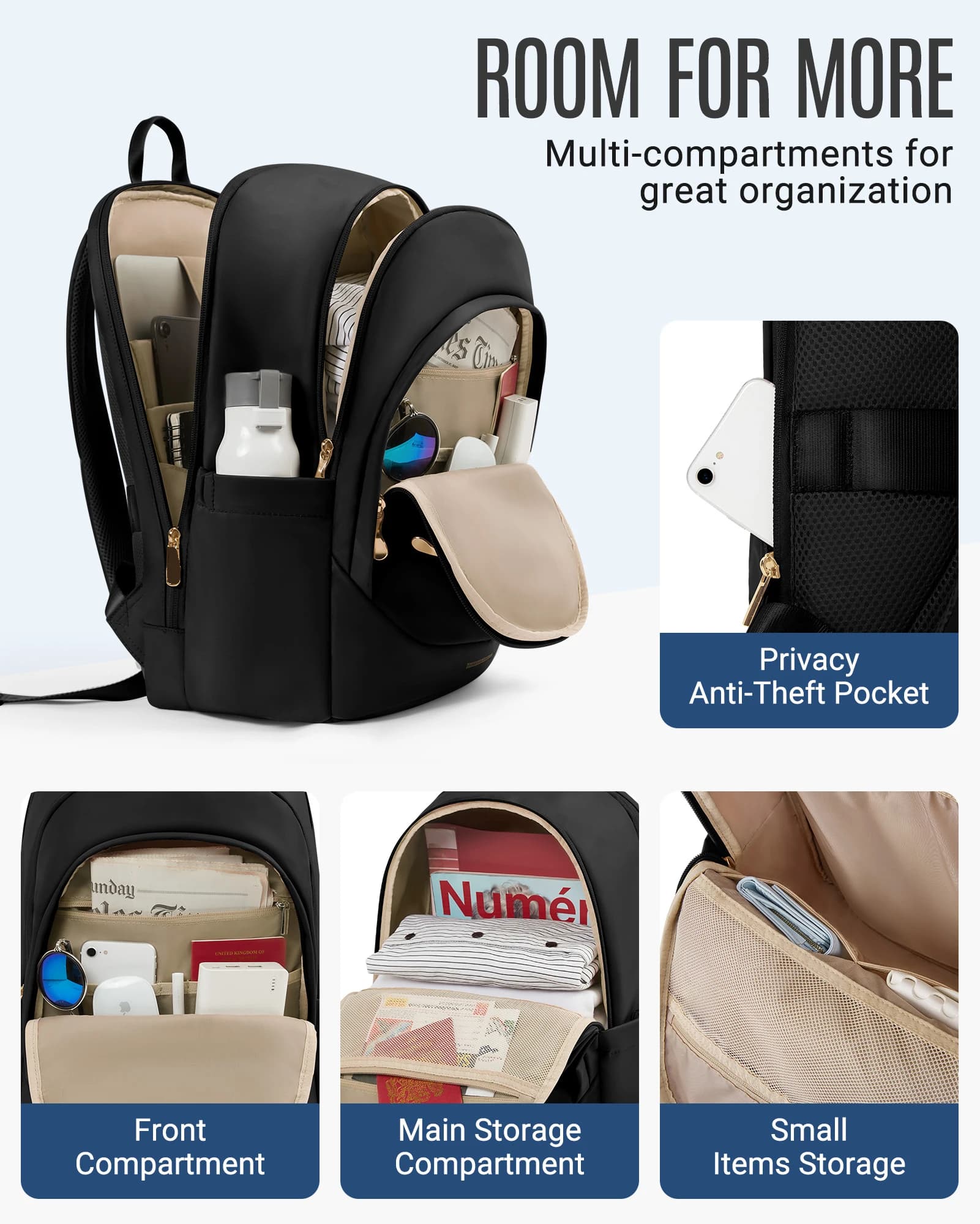 Sac à dos de voyage léger pour femmes, sac à dos antivol pour ordinateur portable 15.6 pouces avec t