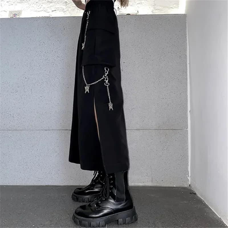 Jupe longue noire de Style coréen pour femmes, avec chaîne, fente latérale, Hip Hop, Streetwear, gra