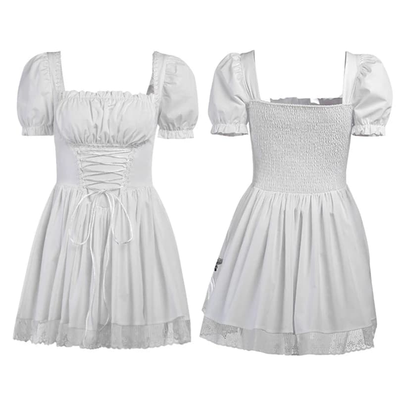 Robe trapèze à manches bouffantes pour femmes, tenue courte d'été Fairycore Lolita, couleur unie, ga