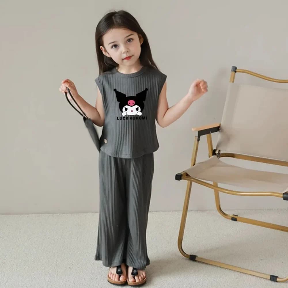 Ensemble 2 pièces été 2026 Kuromi Anime Kawaii : Débardeur et pantalon en soie glacée pour bébé, vêt