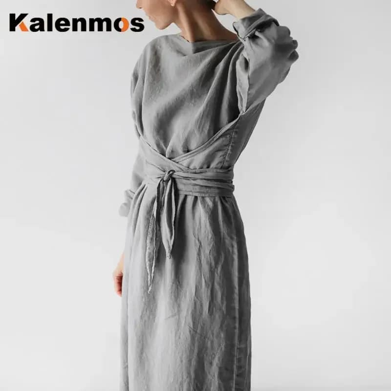 Robe longue décontractée en coton pour femmes, col rond, manches longues, gris uni, plis de document