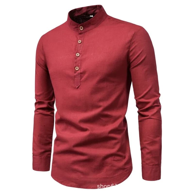 Chemise d'affaires à manches longues et col montant pour hommes, couleur unie, décontractée, ajustée