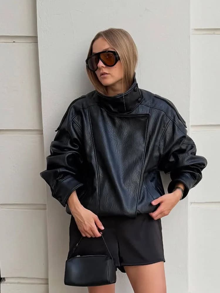 HH femmes automne élégant Style de rue manteaux femme asymétrique bouton poche manches longues noir 
