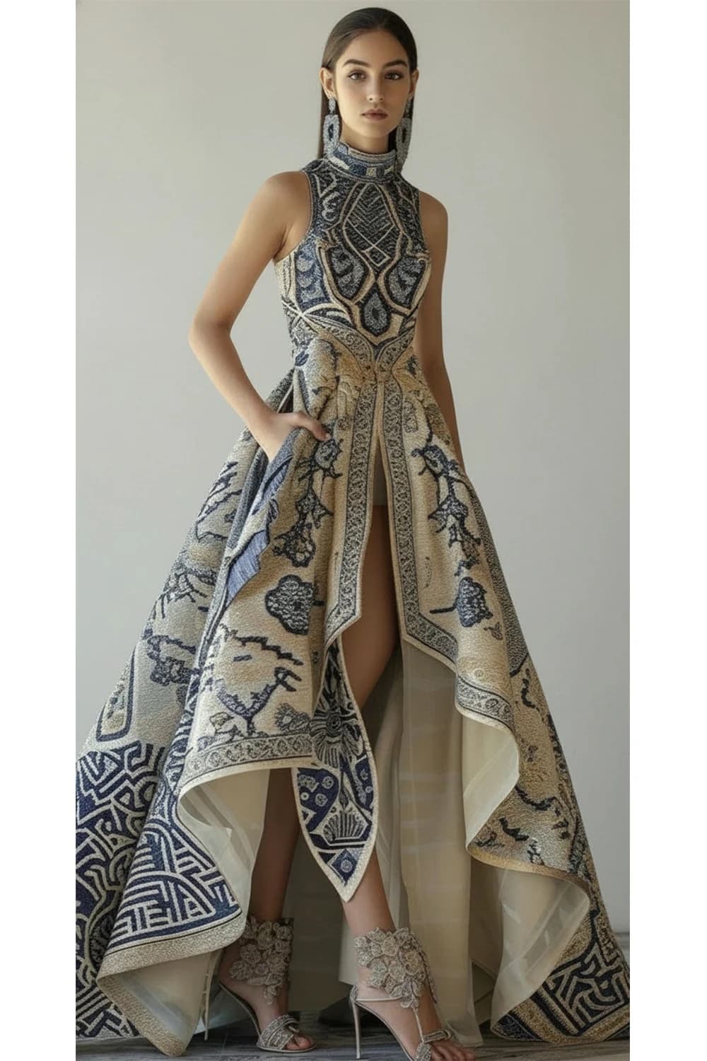 Robe longue asymétrique à imprimé géométrique pour femme, sans manches, col montant, avec poches, ro