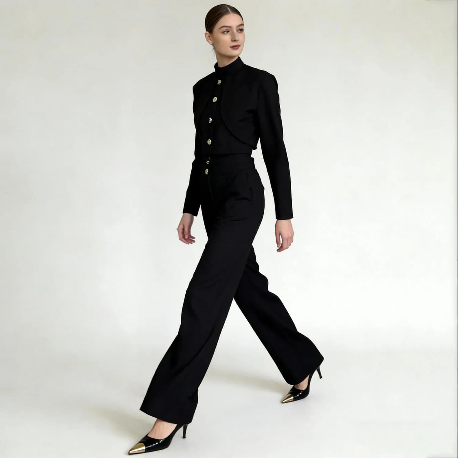 Haut court boutonné à col montant LIMO + pantalon large taille haute, ensemble élégant 2 pièces pour