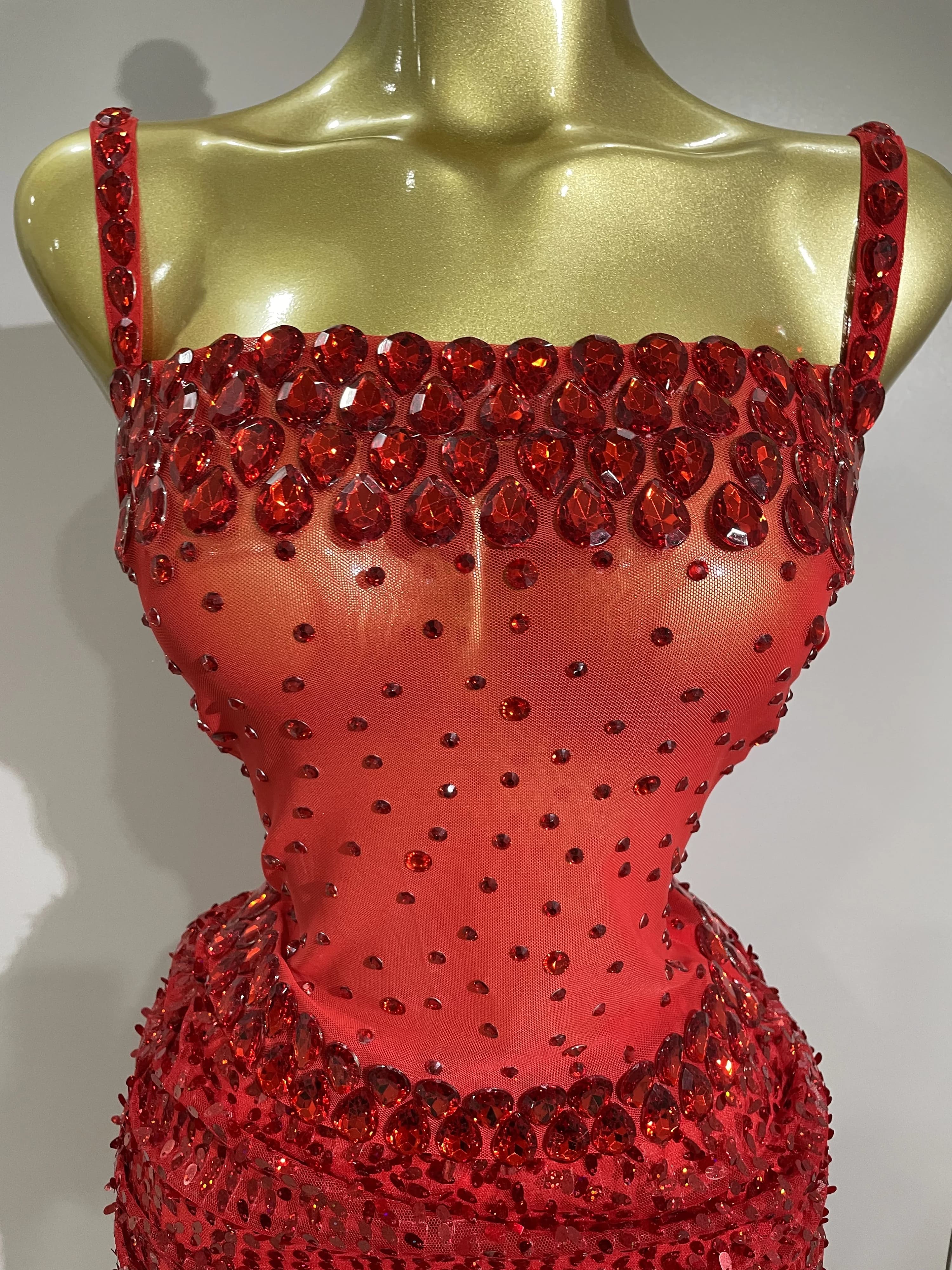 Robe longue 2 pièces transparente et sexy avec strass rouges scintillants et paillettes, pour femmes