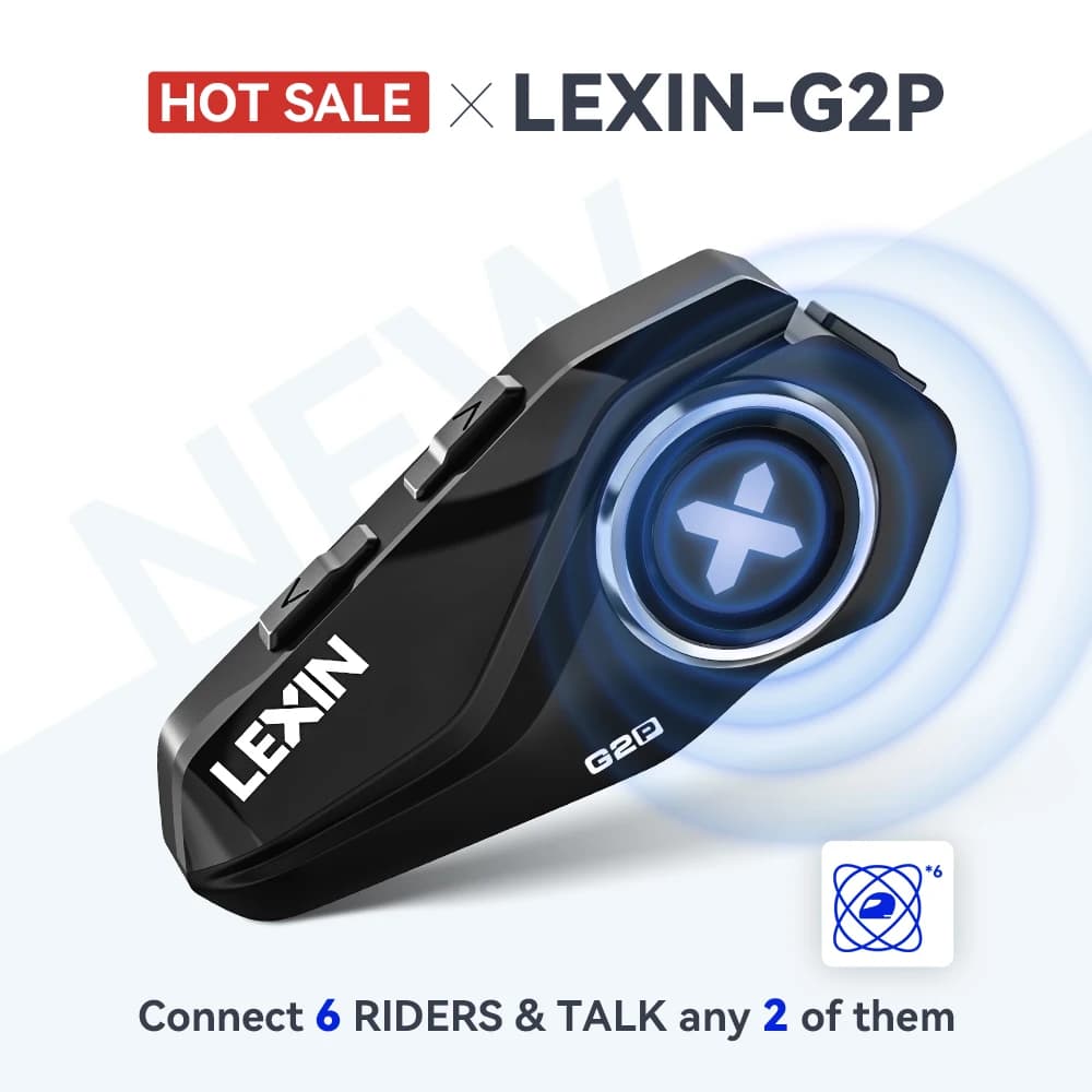 Lexin G2P casque d'interphone moto casques Bluetooth, communicateur mains libres jusqu'à 6 coureurs 