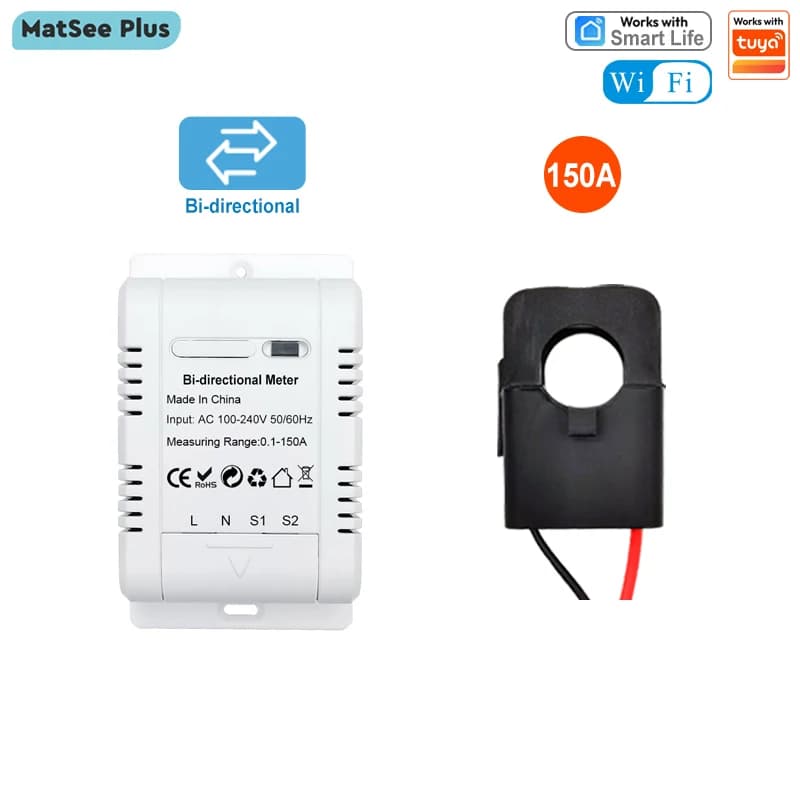 Compteur d'énergie WiFi bidirectionnel intelligent, transformateur de courant à pince 150A, capteur 