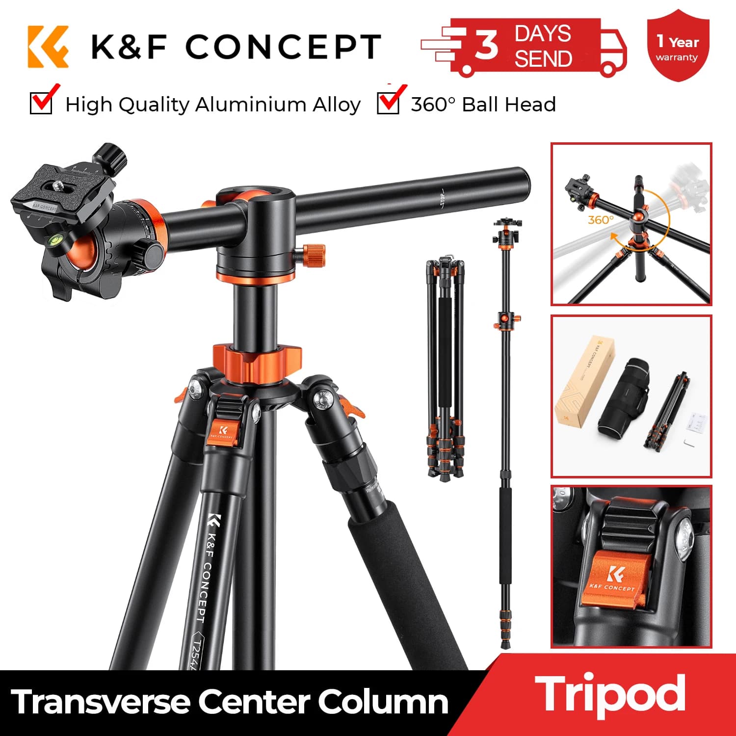 Trépied pour appareil photo K&F CONCEPT SA254T1 93 pouces, 4 sections, en aluminium, détachable, ave