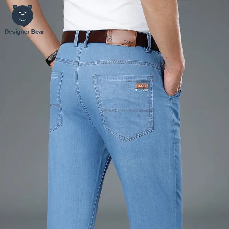 Jean Homme Été Fin en Coton Extensible Coupe Droite Décontracté Business avec Boutons et Poches