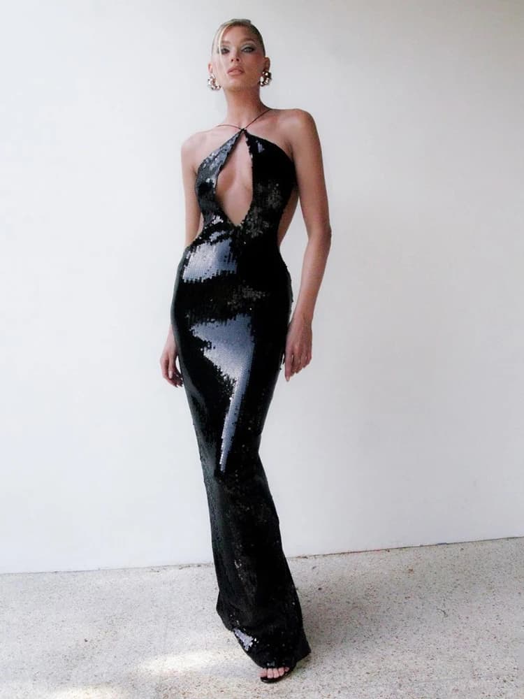 VC – robe de soirée de luxe pour femmes, Sexy, dos nu, paillettes noires, longue, pour événements sp
