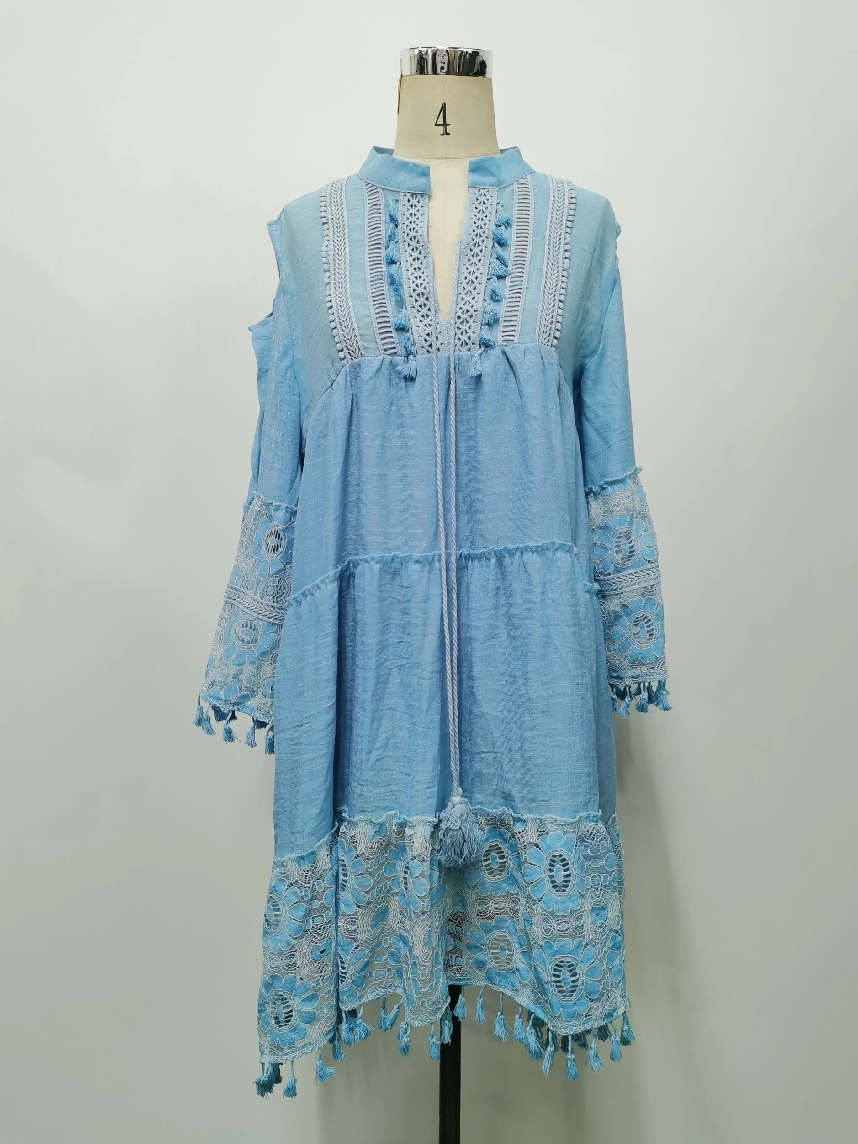 Mini robe en dentelle style bohème pour femmes, col en V, manches longues, courte, gland, adt décont