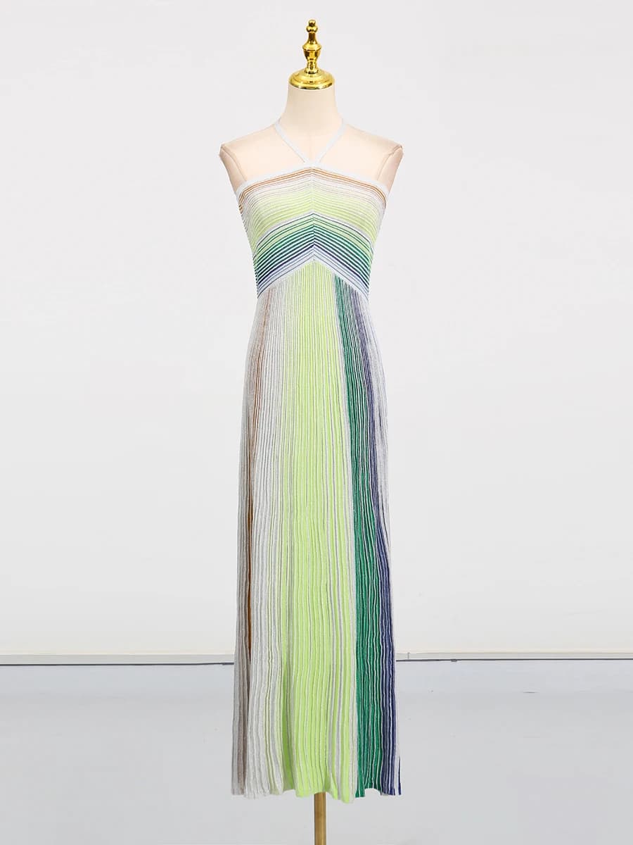 Robe longue de fête VGH à rayures colorées pour femme, dos nu, taille haute, sans manches, coupe aju