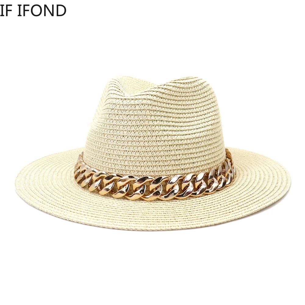 Chapeaux de paille pour femmes, chaîne en or, ceinture, Panama, pour la plage, respirants, élégants,