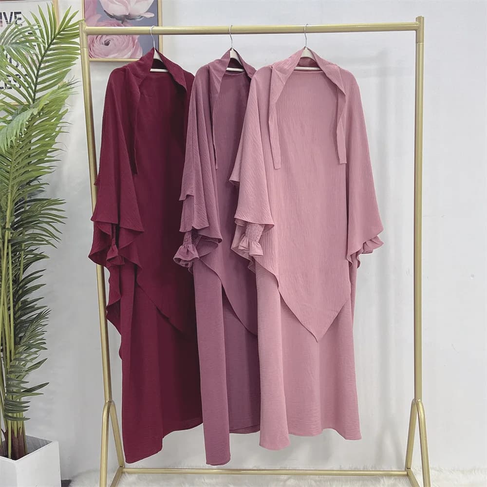 Ensemble Abaya Hijabi Khimar, robe Abaya ample à poignets smockés + foulard hijab à 2 couches, vêtem